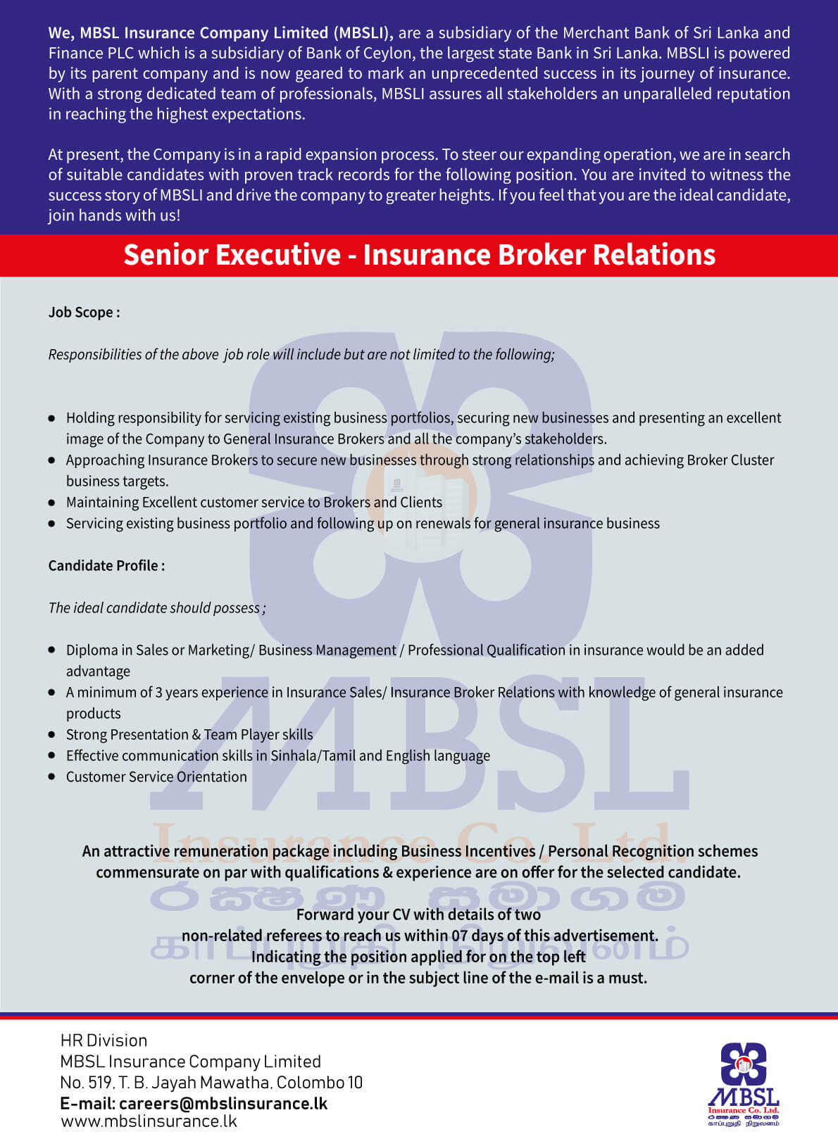 Senior Executive - Insurance Broker Relations